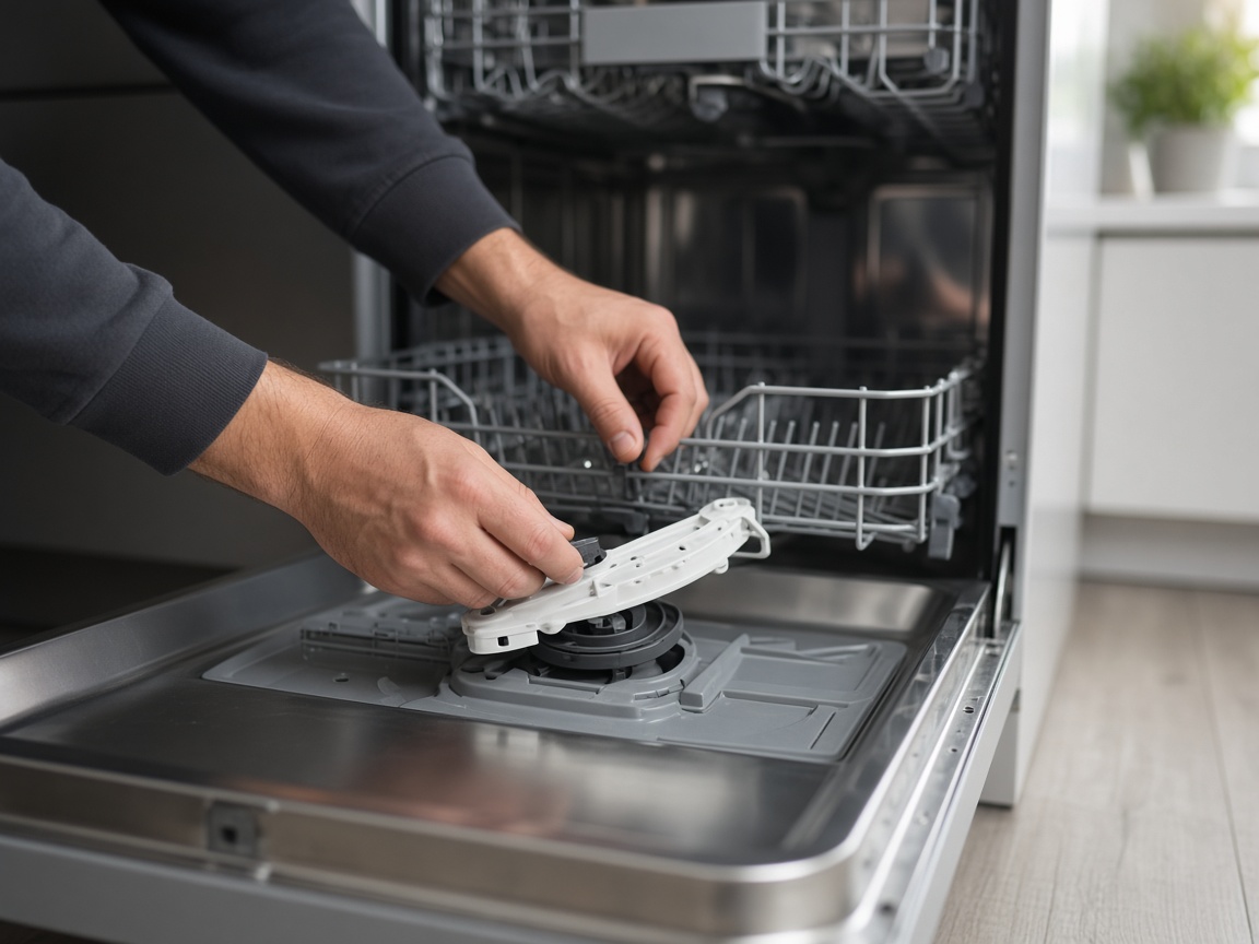 Teknisyen açık bulaşık makinesini kontrol ediyor