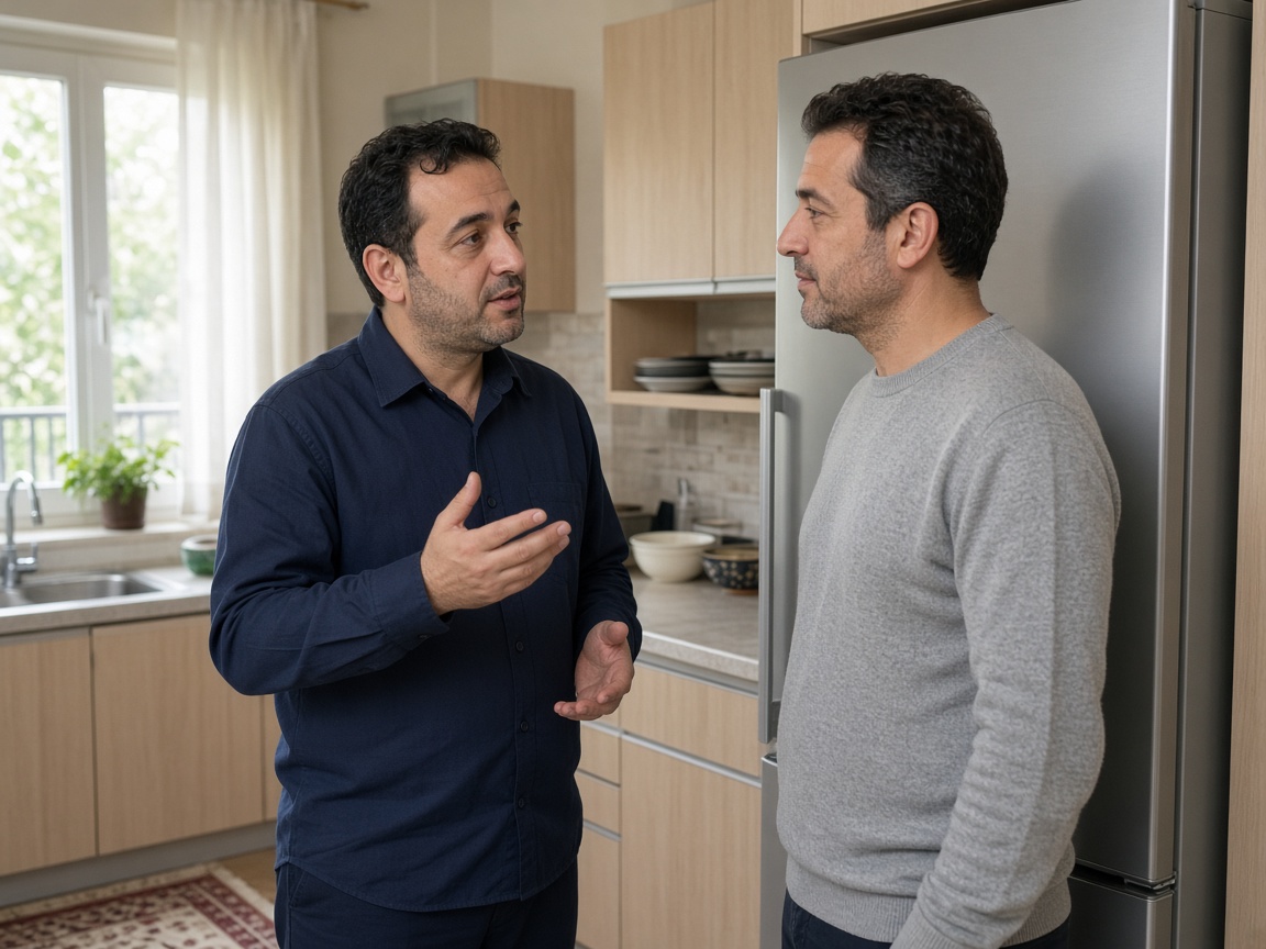 Teknisyen ev sahibiyle buzdolabının yanında konuşuyor